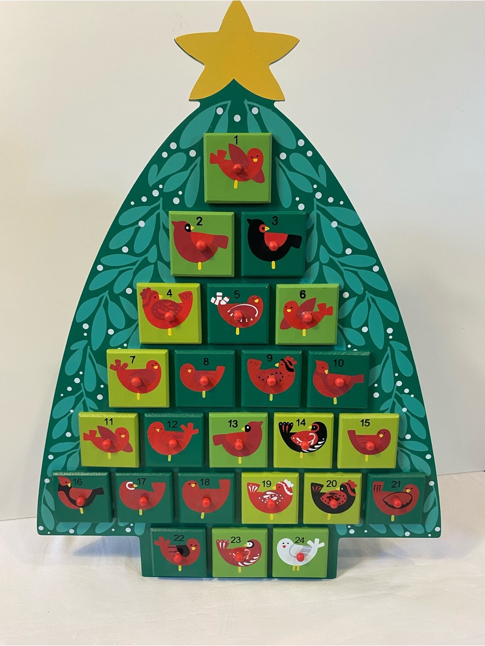 Wooden Hand Painted Hand Crafted Artisan Red Bird Fillable Advent Calendar